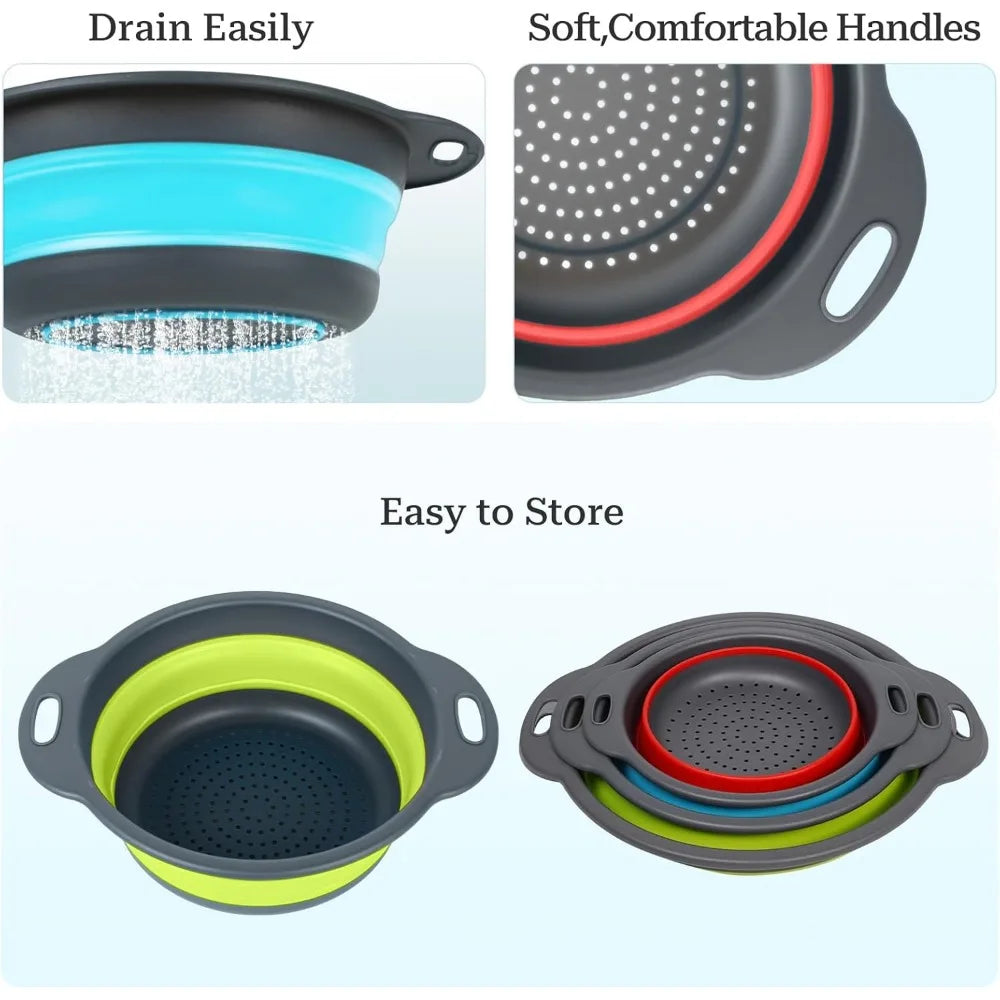 Collapsible Colander 3-Pack Set Space-Saving Foldable Kitchen Strainer with Non-Slip Base Durable Thickened PP+TPE Collapsible S