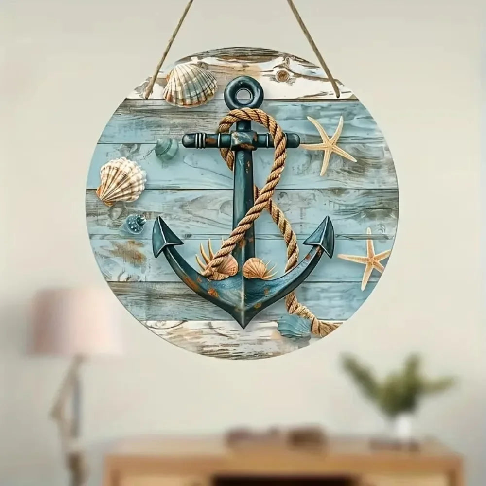 Rustic Round Wreath Sign - Aluminum Beach-Inspired Decor | Ocean Theme for Home|Weatherproof Metal, Nautical Wreath Design