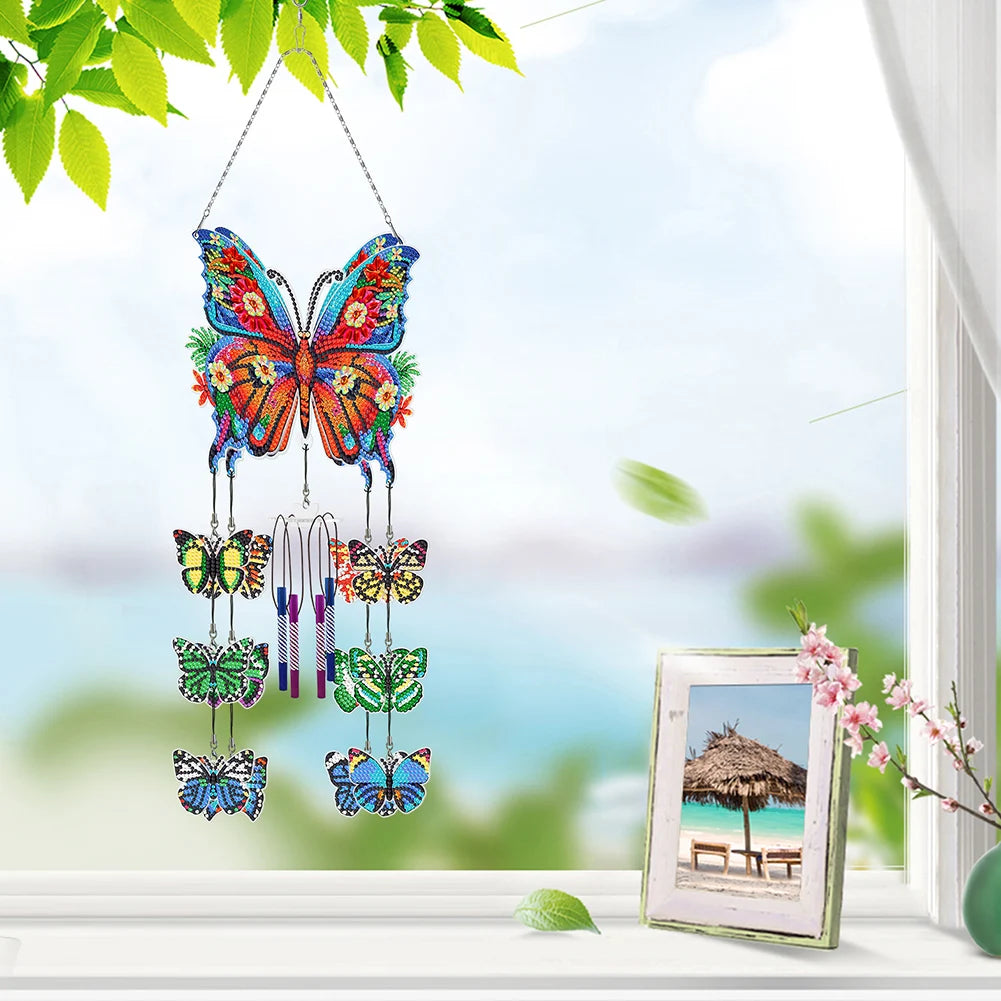 Double Sided Flower Butterflies Hanging Crystal Chime Ornament Wind Chimes DIY Diamond Kits for Garden Window Decor