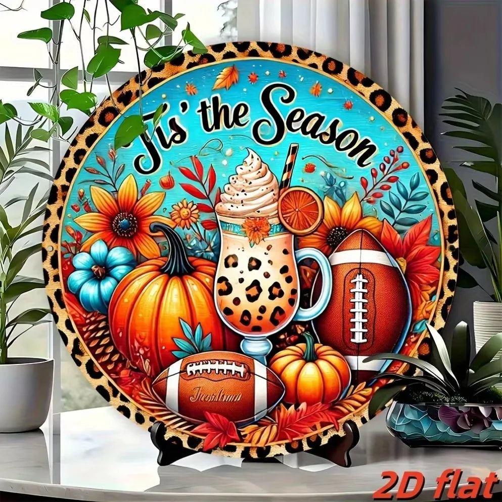 "Autumn Leopard Print Football Pumpkin Aluminum Sign – Wall Hanging Decor & Festive Wreath Accent | Perfect for Home Decor"