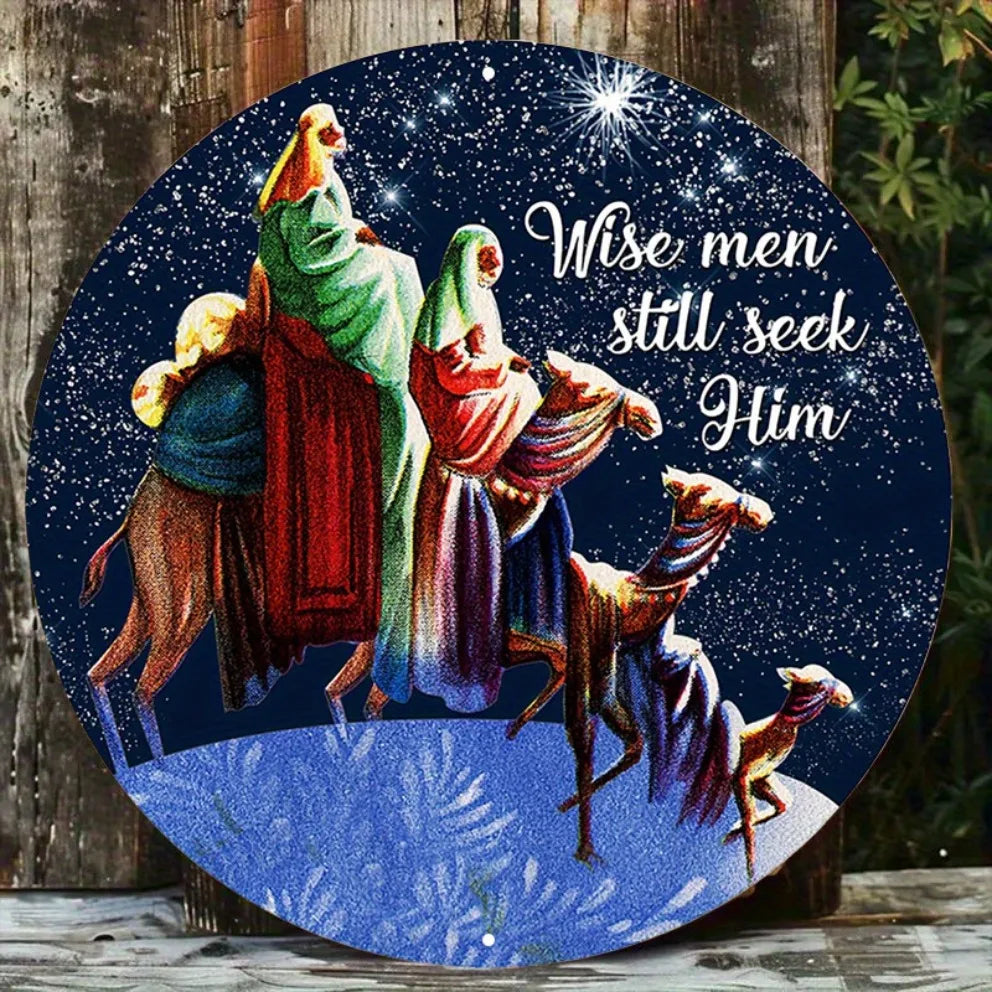 1PC Round Nativity Scene Metal Wall Art -2D "Wise Men Still Seek Him"Vintage Religious Sign|Retro Holiday Plaque for Home,Church