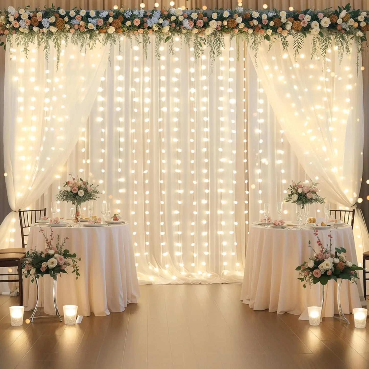 20ftx10ft Ivory Tulle Backdrop Curtain with Lights, 4 Panels 5x10ft Sheer Wrinkle Free Backdrop Drapes for Baby Shower Birthday