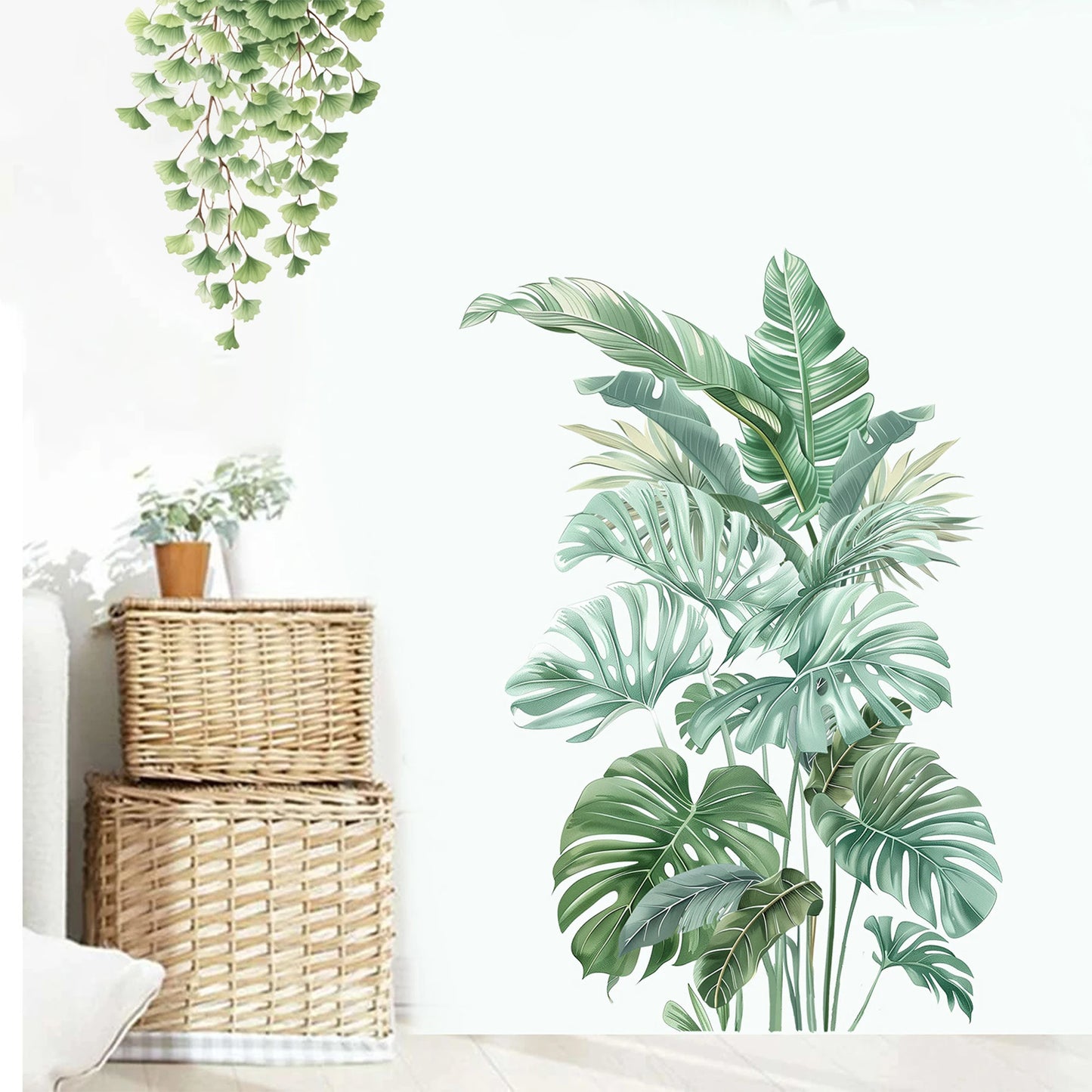 Tropical Monstera Deliciosa Leaf Wall Stickers Set of 2 Exotic Plant Decals for Living Room Bedroom Office Decor