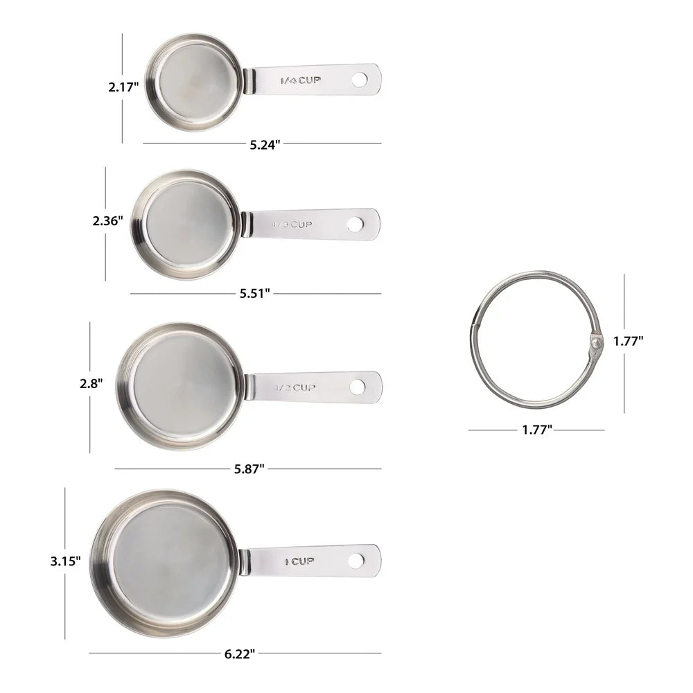 Stainless Steel Nesting Measuring Cups Set of 4 with Handles Locking Ring Engraved Sizes Baking Cooking and Food Preparation