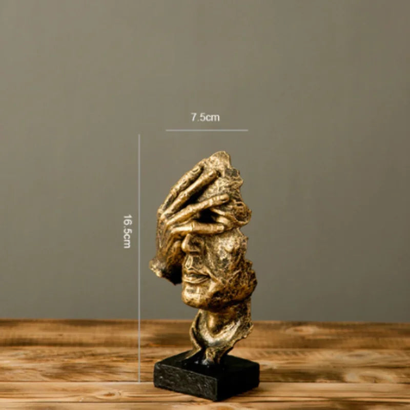 17cm Home Decor Abstract Silence Is Gold Figurine Resin Hand Face Silent Men Statue Sculpture Home Office Living Room Decoration