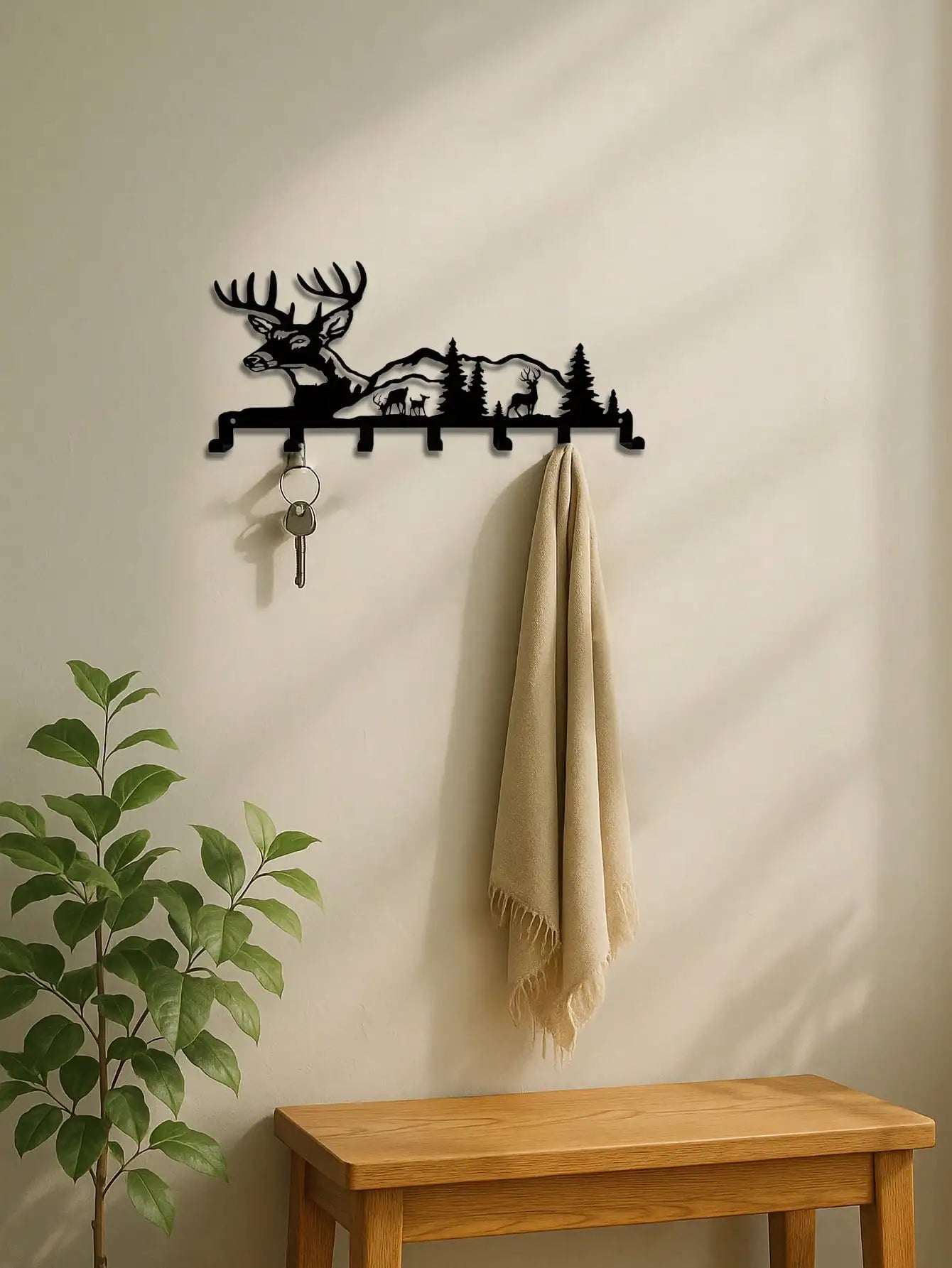 "Boho Deer & Forest Woodland Wall Key Holder – Rustic Entryway Organizer, Nature-Inspired Decor & Gift"