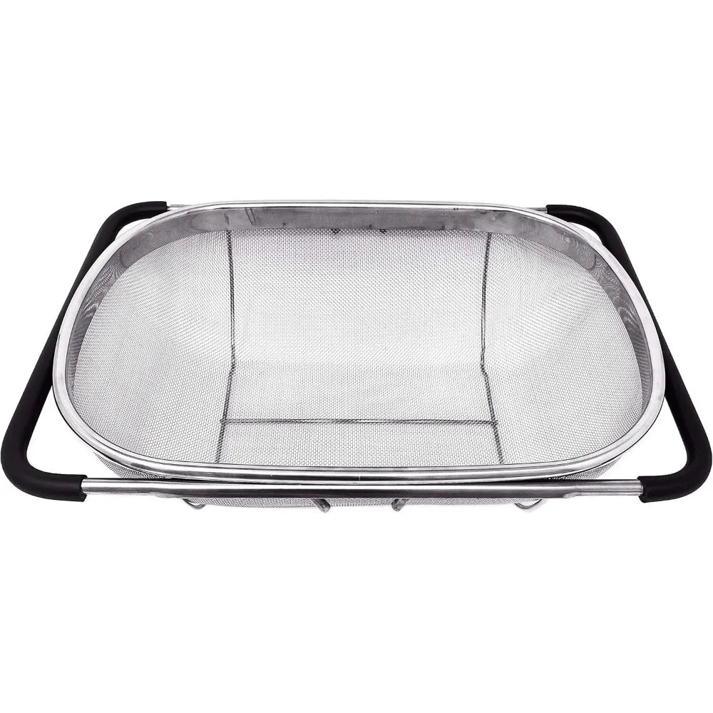 Over the Sink Colander Strainer Basket Stainless Steel, For Kitchen Sink with Rubber Grip, Fine Mesh, Large Kitchen Gadgets Too