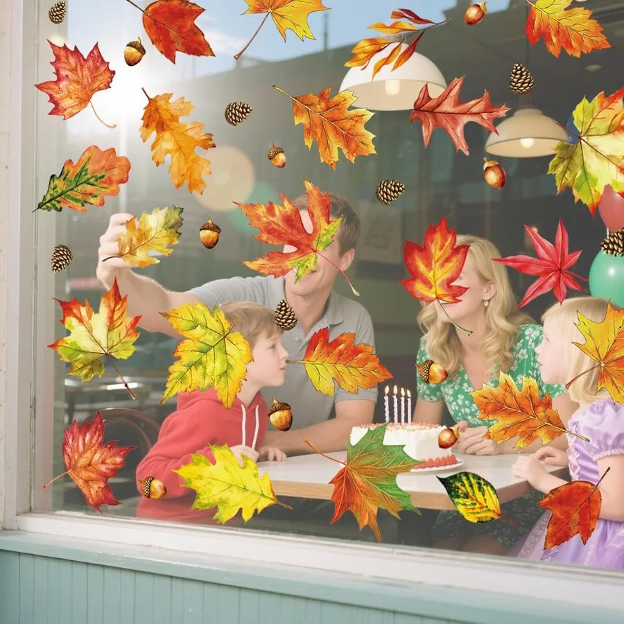 112 Pcs Fall Thanksgiving Window Clings Happy Thanksgiving Glass Window Decorations with Autumn Maple Leaves Stickers and Decal