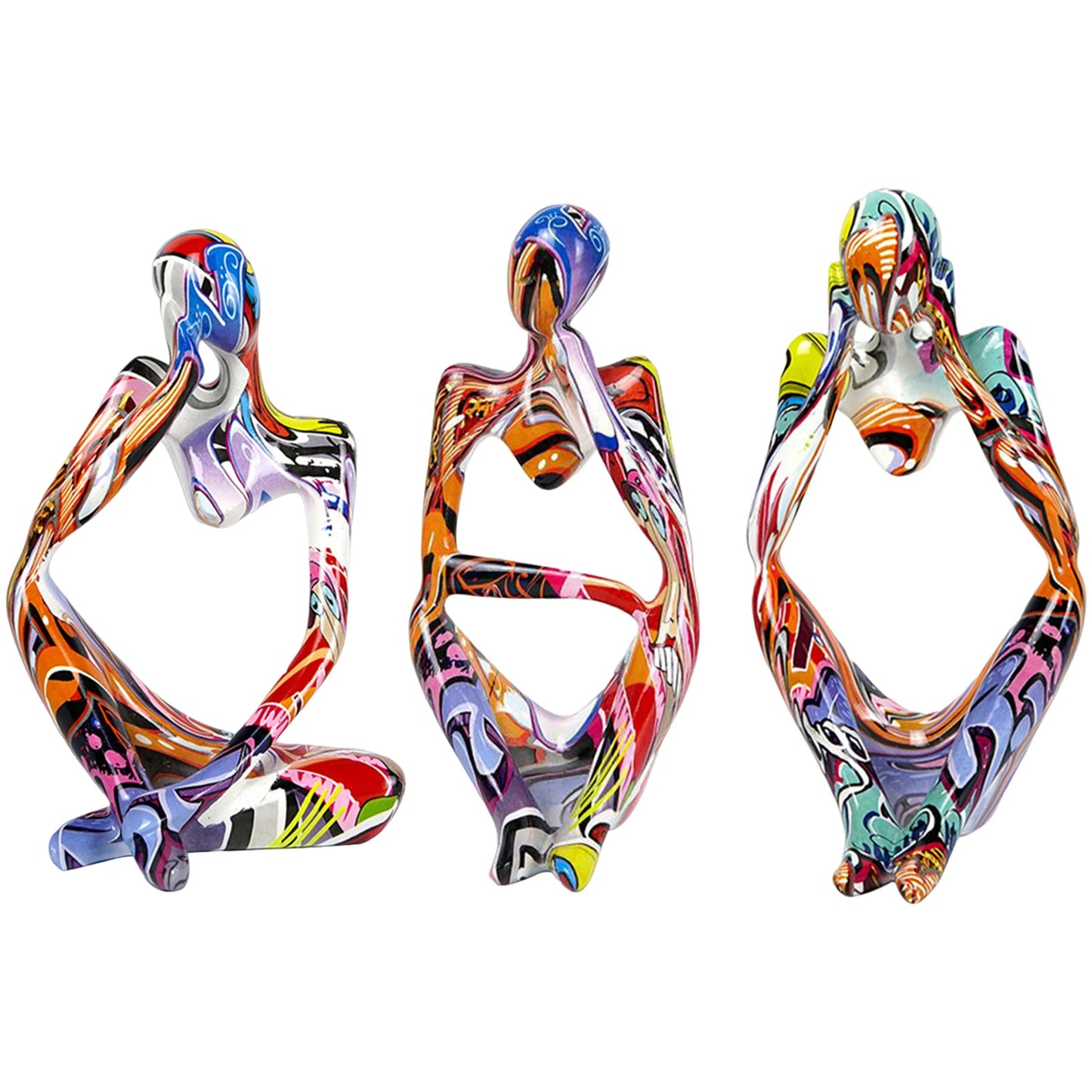 3pcs Thinker Statues Art Graffiti Resin Abstract Character Figurines Ornaments Handicraft Home Decor for Living Room