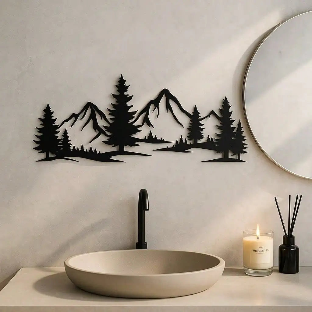 1PC Mountain and Forest Metal Wall Art – Black Modern Farmhouse Decor for Living Room & Bedroom | Nature-Inspired Rustic Hanging