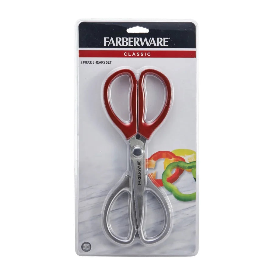 Classic 2 Piece Stainless Steel Kitchen Shear Scissor Set with Metallic Finish and Vibrant Red Handles for Efficient Cutting Pe