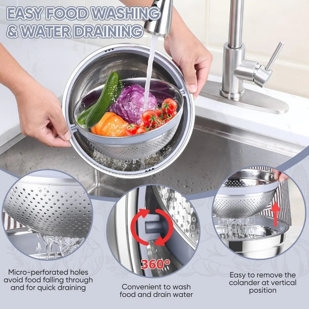 4-1 Colander with Bowl Set, Rotatable Colander for Kitchen, Stainless Steel Food Strainers and Colanders Mixing Bowl with Grate