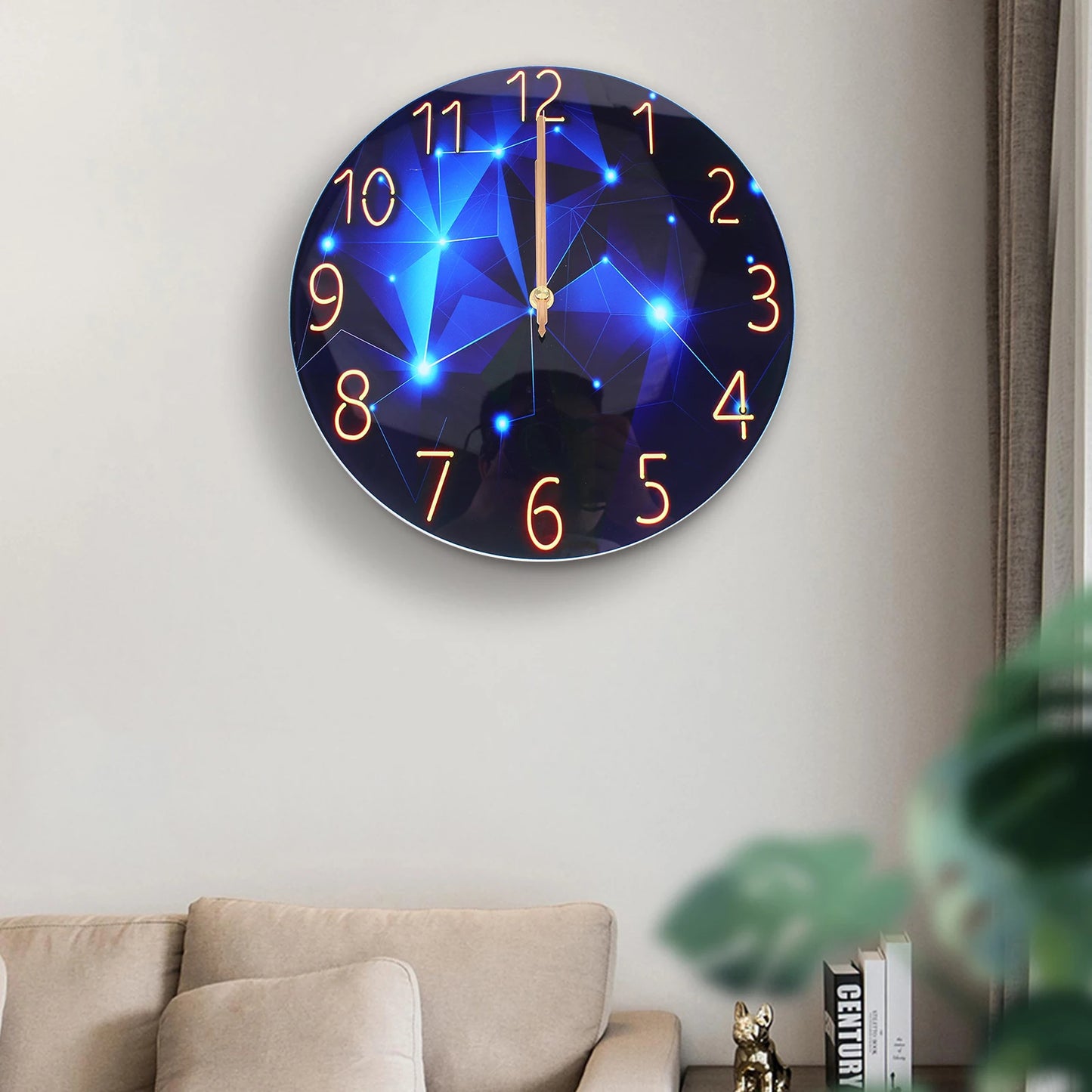 12Inch Wall Clock Silent Large Wall Clock Glass Wall Clock Battery Operated Blue Decorative Wall Clocks
