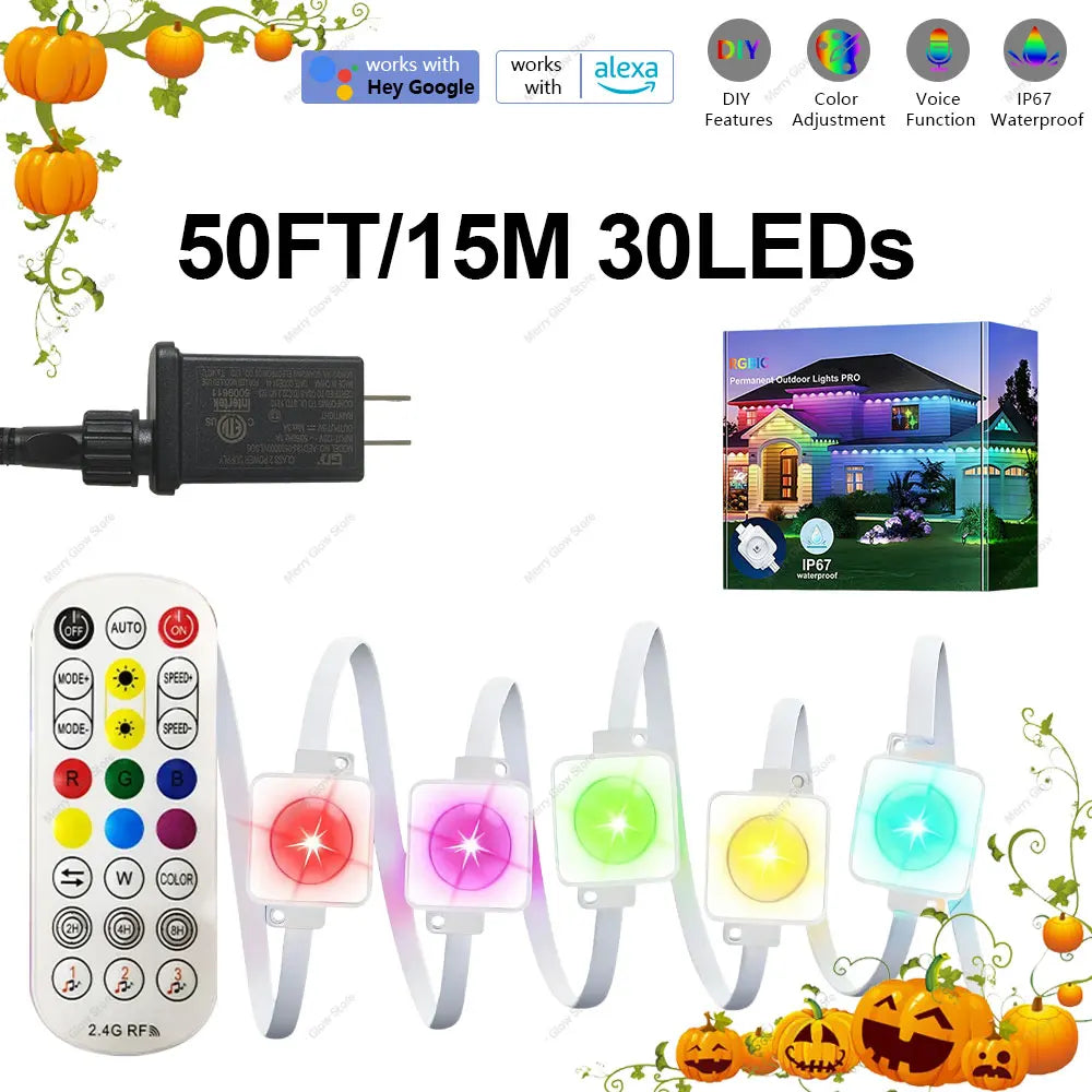 Permanent Outdoor Eaves Light Intelligent RGBIC 90M 180LEDs Eaves Light IP67 Waterproof For Christmas Halloween DIY Lighting