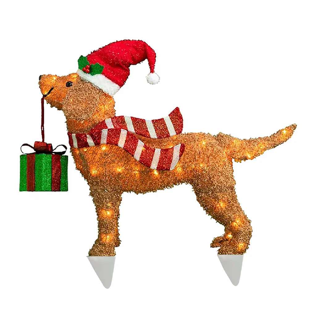 Mimic Dog Shape Sign Waterproof Light Up Puppy Figurine Wearing Xmas Hat Acrylic for Home Garden Front Pathway Walkway