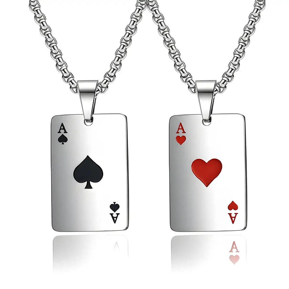 Stainless Steel Poker Card Ace of Spades Necklace Pendant Chain Playing Cards Jewelry Ace of Hearts Necklaces