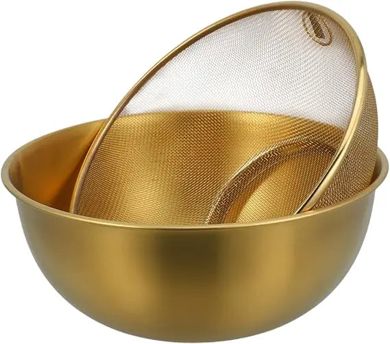 1 Set Stainless Steel Colander and Bowl Set Fine Mesh Strainer with Gold Bowl Compact Kitchen Drainage for Rinsing Fruits Veget