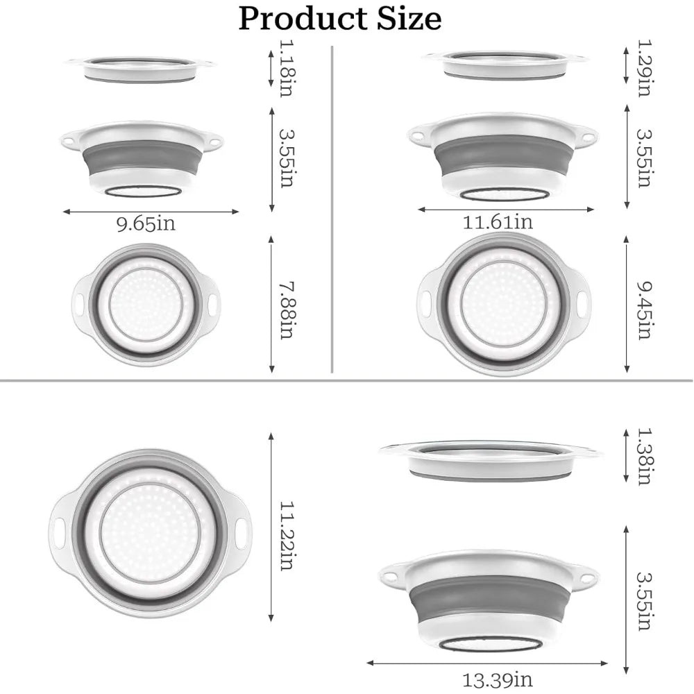 Collapsible Colander 3-Pack Set Space-Saving Foldable Kitchen Strainer with Non-Slip Base Durable Thickened PP+TPE Collapsible S