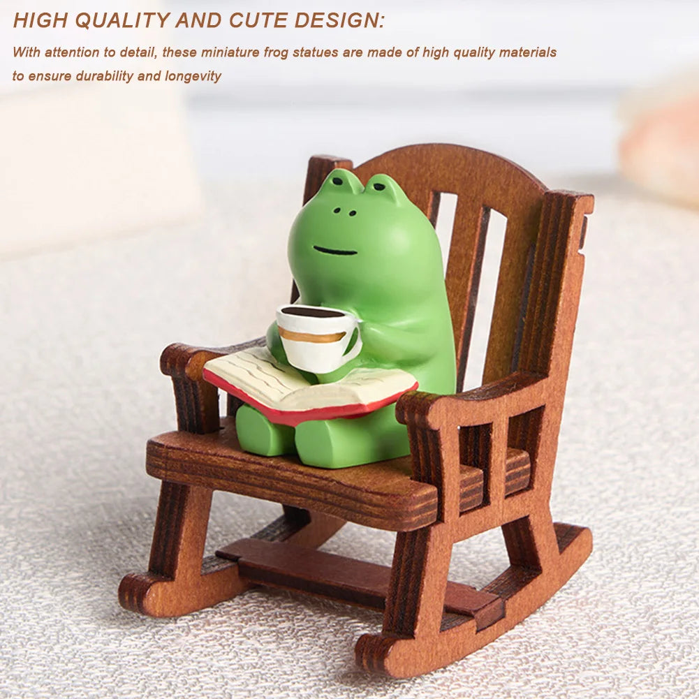 Cute Mini Frog Resin Figurine Cute Healing Small Decoration Rocking Chair Design with Book Coffee Home Office Decor Car Ornament