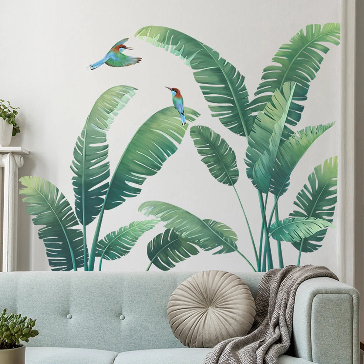 Tropical Palm Leaf Wall Stickers Set of 2 Exotic Green Plant Decals for Living Room Bedroom Office Decor Removable Nature Art