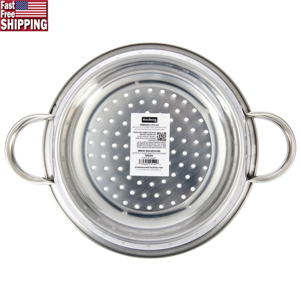 Pro StainlessSteel Colander 3qt Pasta Drain Fruits Vegetables Beans Kitchen Tool