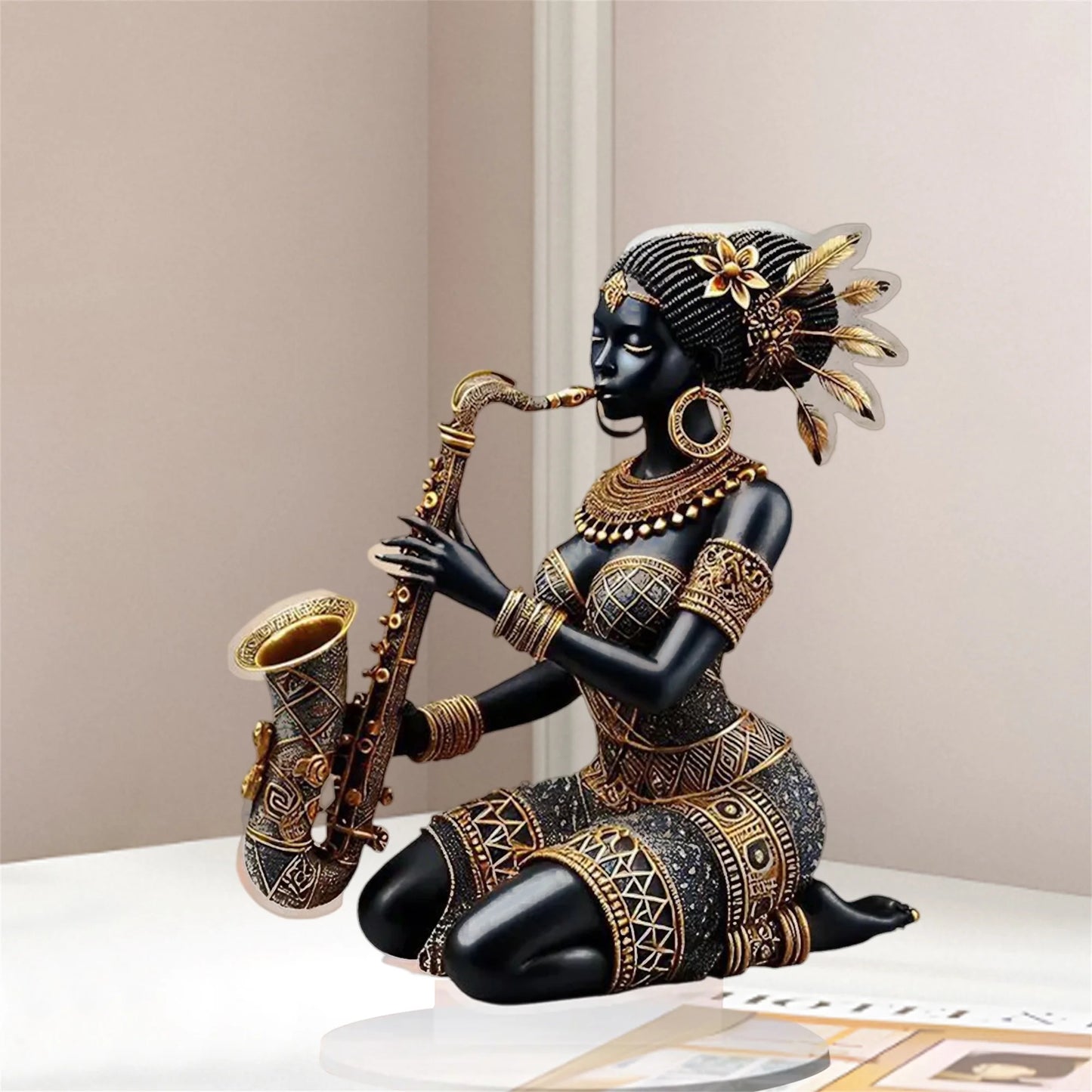 African Lady Figurine Sculpture with Saxophone Musical Instrument Handcrafted Tribal Art Statue for Home Office Decor and