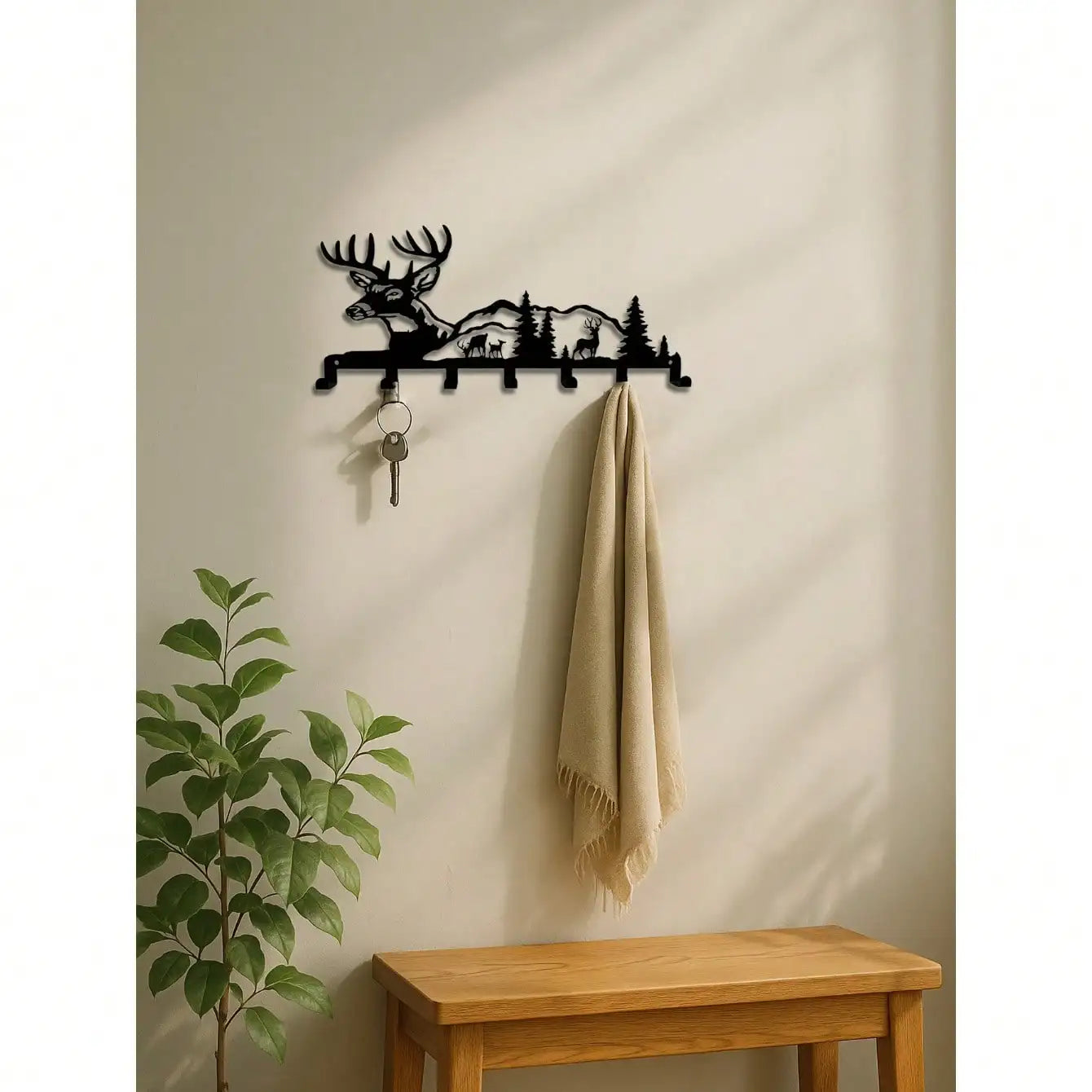 "Boho Deer & Forest Woodland Wall Key Holder – Rustic Entryway Organizer, Nature-Inspired Decor & Gift"