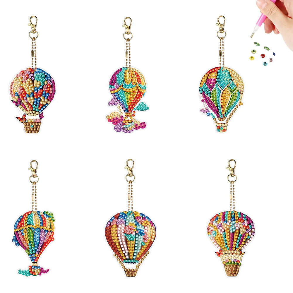 6Pcs Acrylic Double Sided Hot Air Balloon Full Drill Keyring Diamond Painting Art Keychain Pendant for Birthday Party Decor
