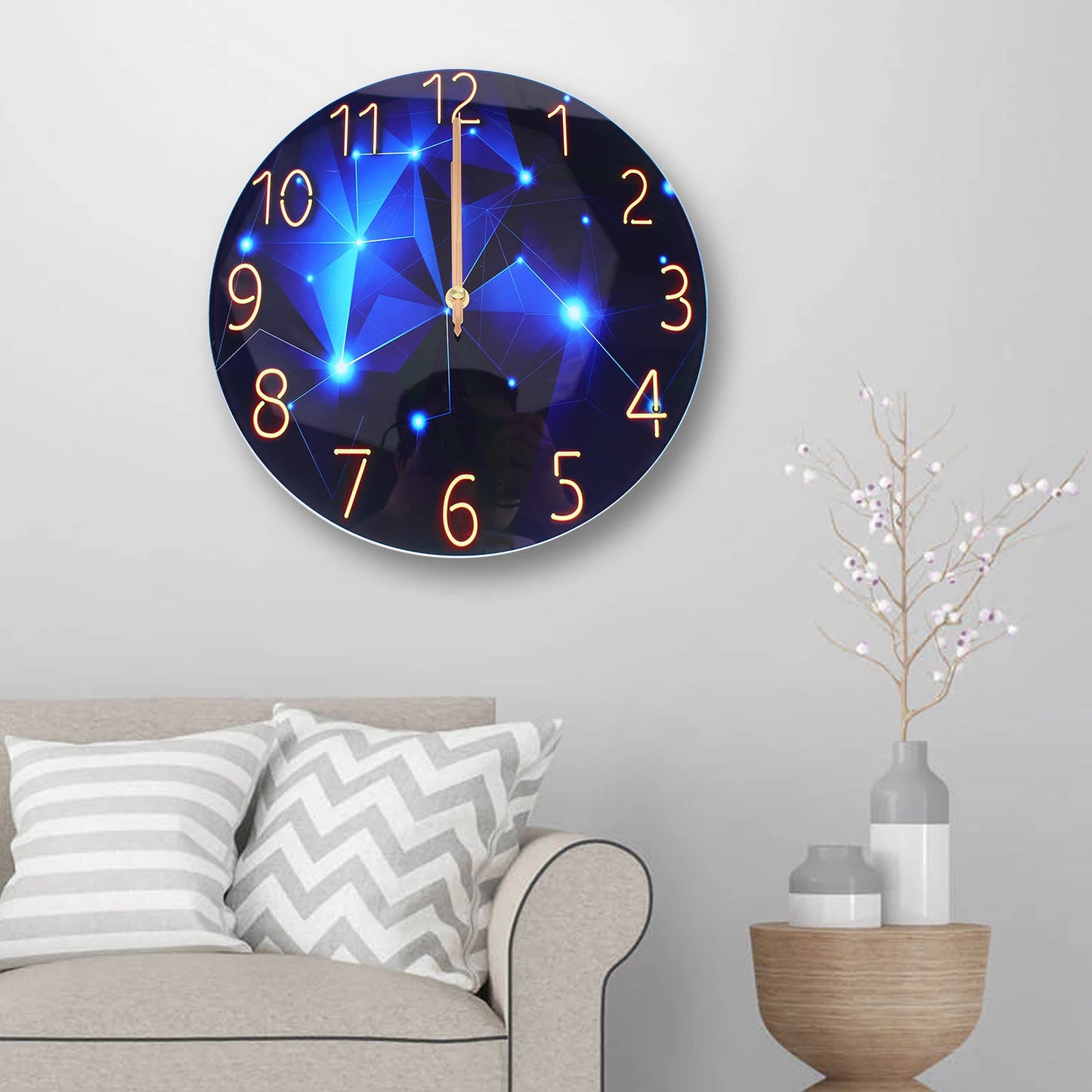 12Inch Wall Clock Silent Large Wall Clock Glass Wall Clock Battery Operated Blue Decorative Wall Clocks