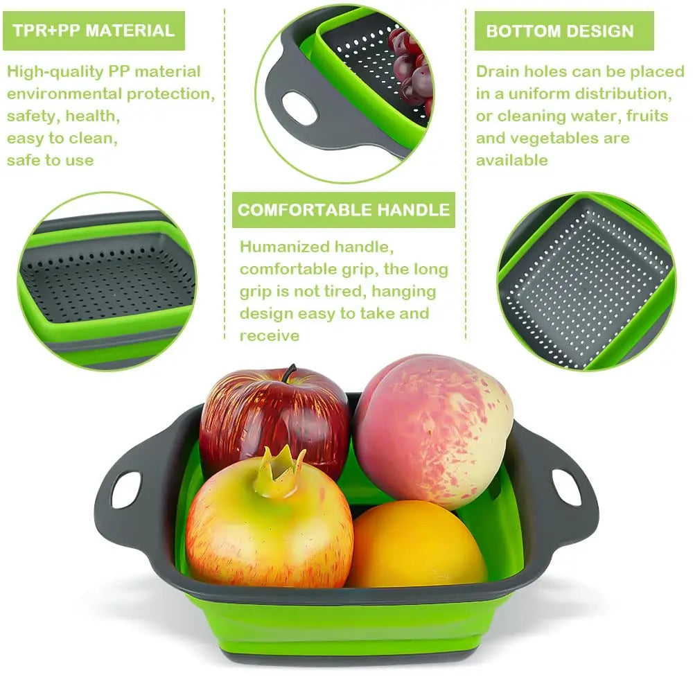 Two-piece foldable square silicone colander set with plastic handles for draining pasta, vegetables, and fruit.
