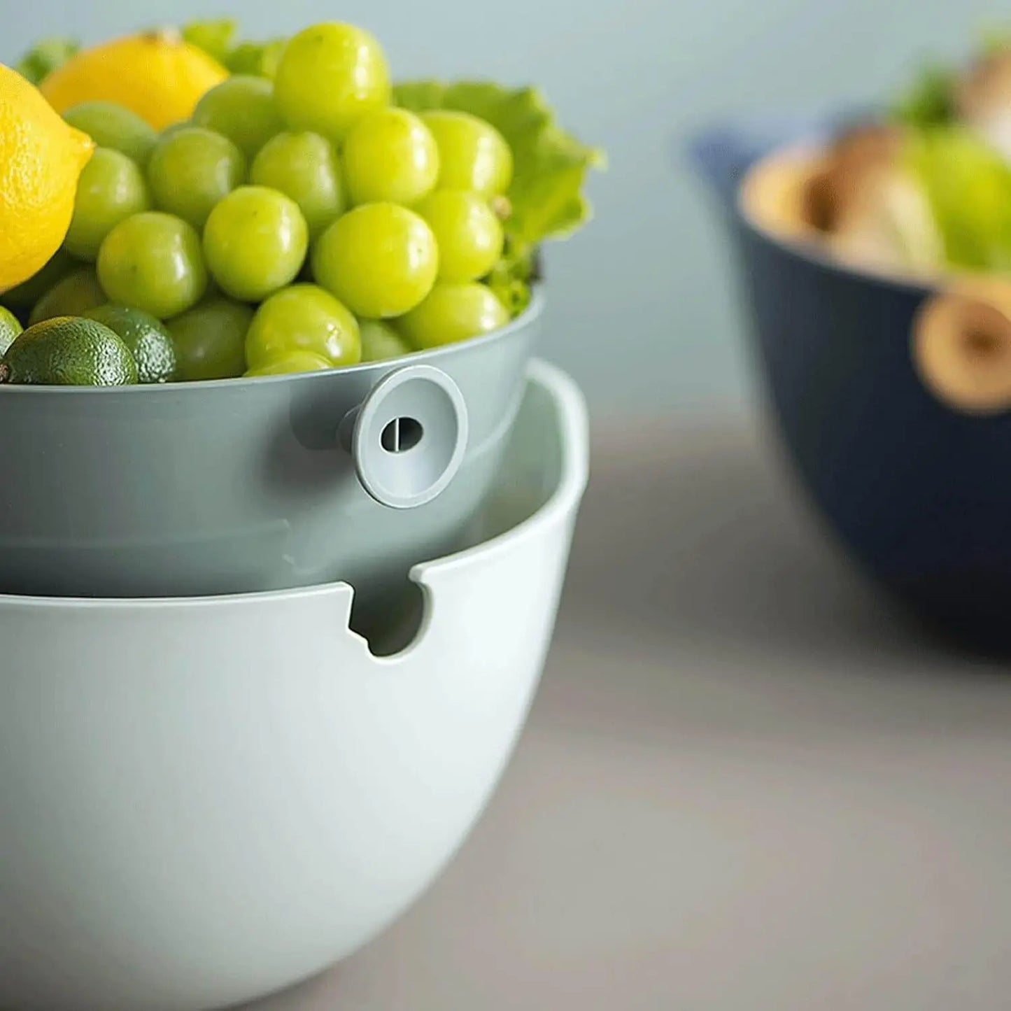 2 in 1 Kitchen Colander Set, Vegetable and Fruit Rotating Cleaning Colander with Handle, for Fruits Vegetables Pasta Noodles Was