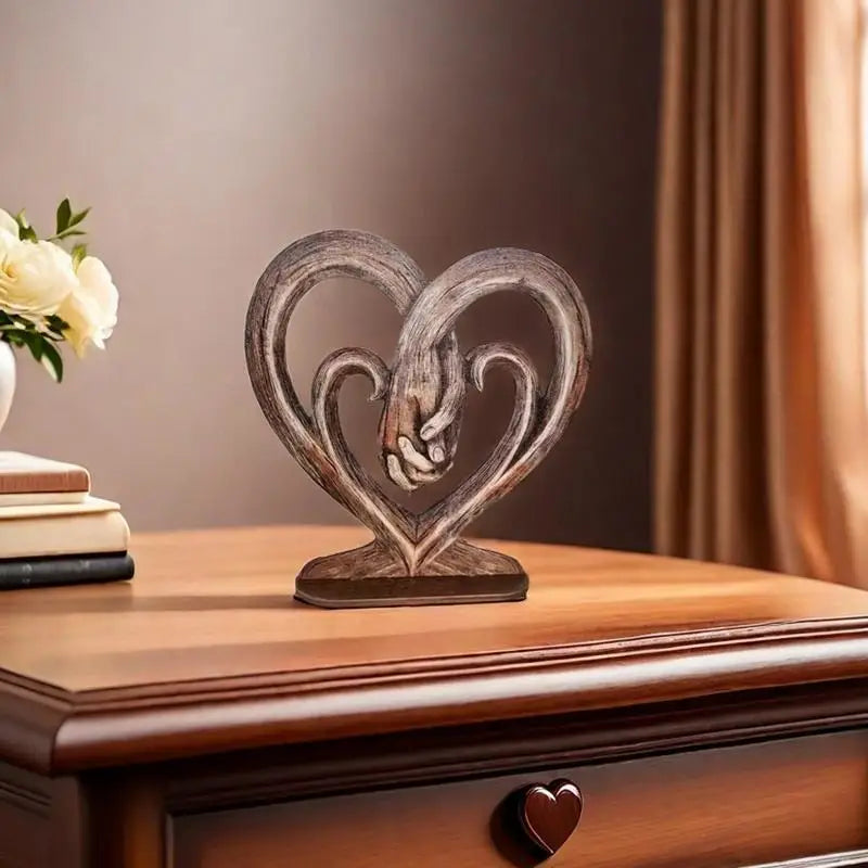 Valentines Day Gift Heart Holding Hands Art Sculpture Desk Decoration Wooden Retro Flat Heart Holding Hands Statue Forever Love