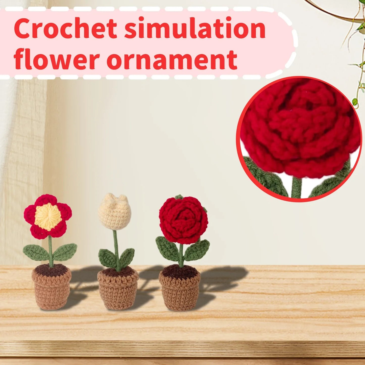 New Hand Knitting Potted Plants Handwoven Rose Sunflower Tulip Crochet Flower Bouquet Potted Ornament Table Home Room Decoration