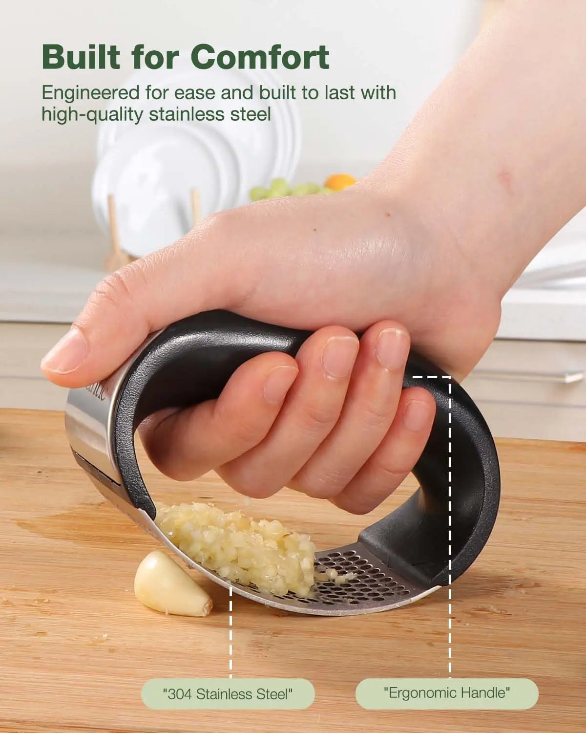 Garlic Press Rocker - Easy Squeeze Mincer & Crusher with Peeler, Effortless Kitchen Gadget for Fast Cooking, Dish Prep