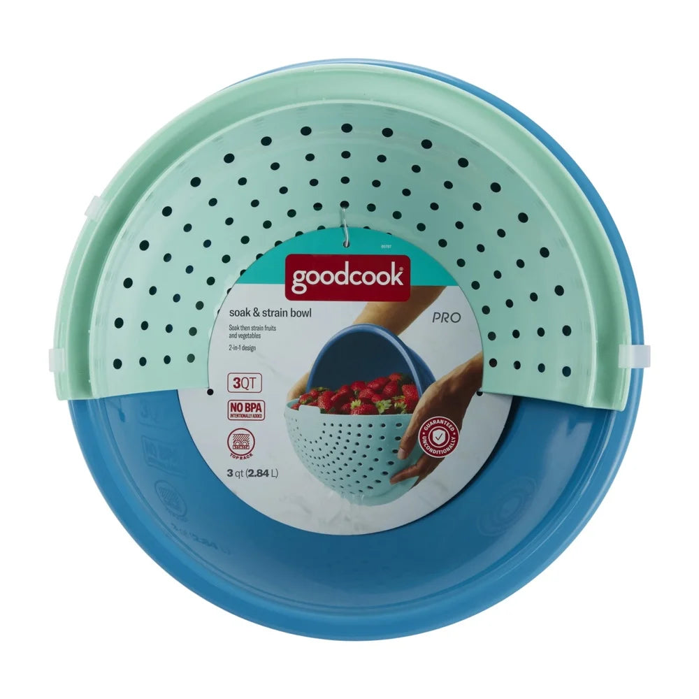 2-in-1 Soak Strain Colander Bowl Kitchen Tool Quick Drain Non-Slip Base Compact Storage Food Prep Utility