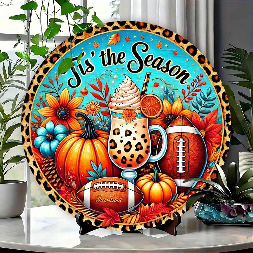 "Autumn Leopard Print Football Pumpkin Aluminum Sign – Wall Hanging Decor & Festive Wreath Accent | Perfect for Home Decor"