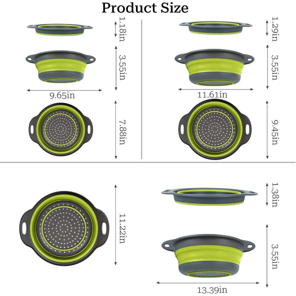 Collapsible Colander 3-Pack Set Space-Saving Foldable Kitchen Strainer with Non-Slip Base Durable Thickened PP+TPE Collapsible S
