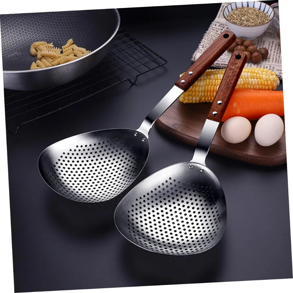 Stainless Steel Slotted Straining Colander Wooden Handle Kitchen Frying Strainer for Dumplings Pasta and Vegetables Sturdy Cook