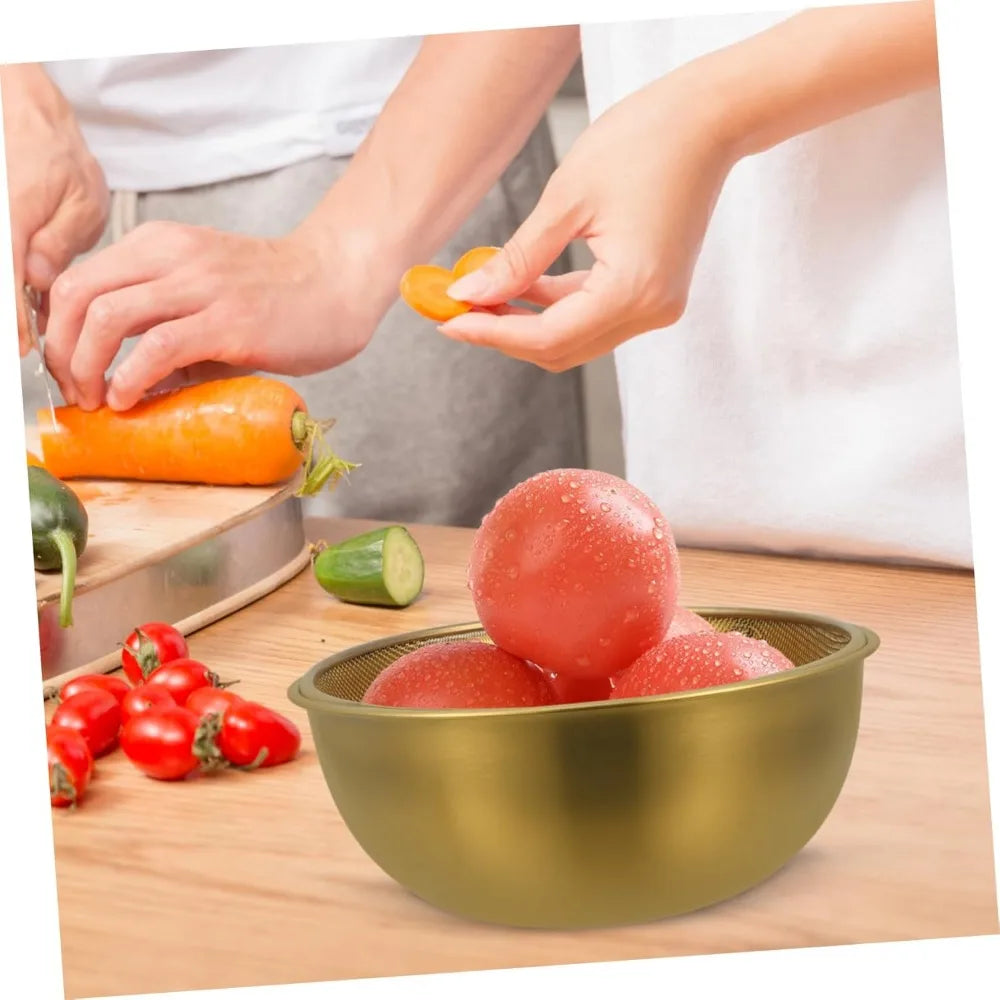 1 Set Stainless Steel Colander and Bowl Set Fine Mesh Strainer with Gold Bowl Compact Kitchen Drainage for Rinsing Fruits Veget