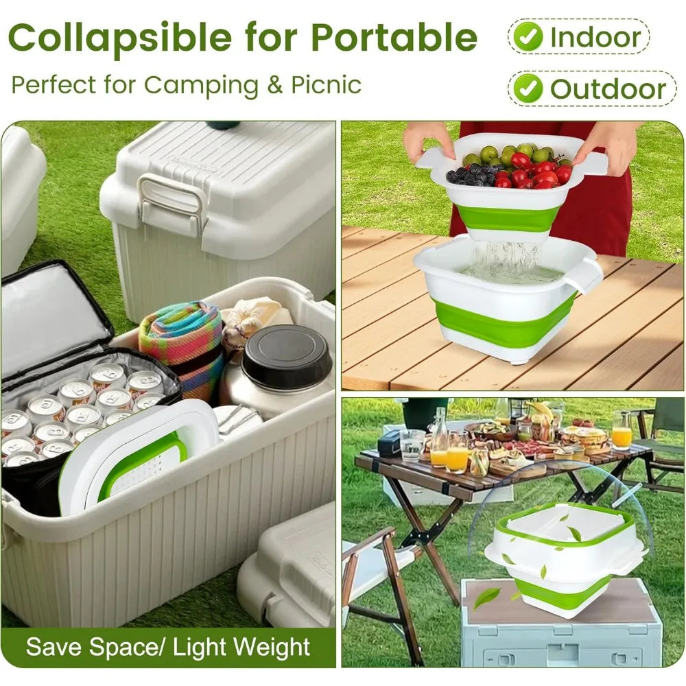 Collapsible Colander Set with Strainer Bowl, 2 in 1 Fruit Washing Basket with Strainer, 5 + 3 QT Plastic Colanders for Kitchen,