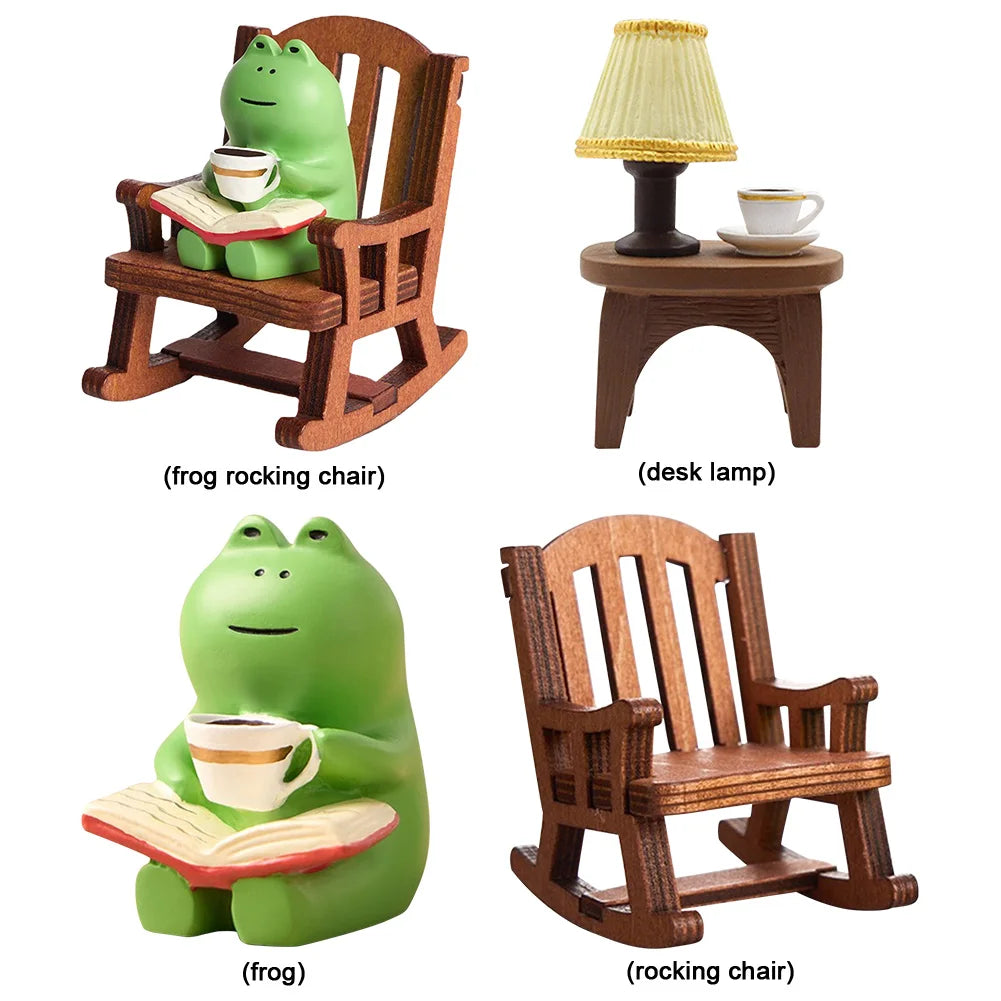 Handmade DIY Micro Rocking Chair Rocking Chair Design with Book Coffee Cute Frog Fat Miniature Home Bedroom Office Decoration