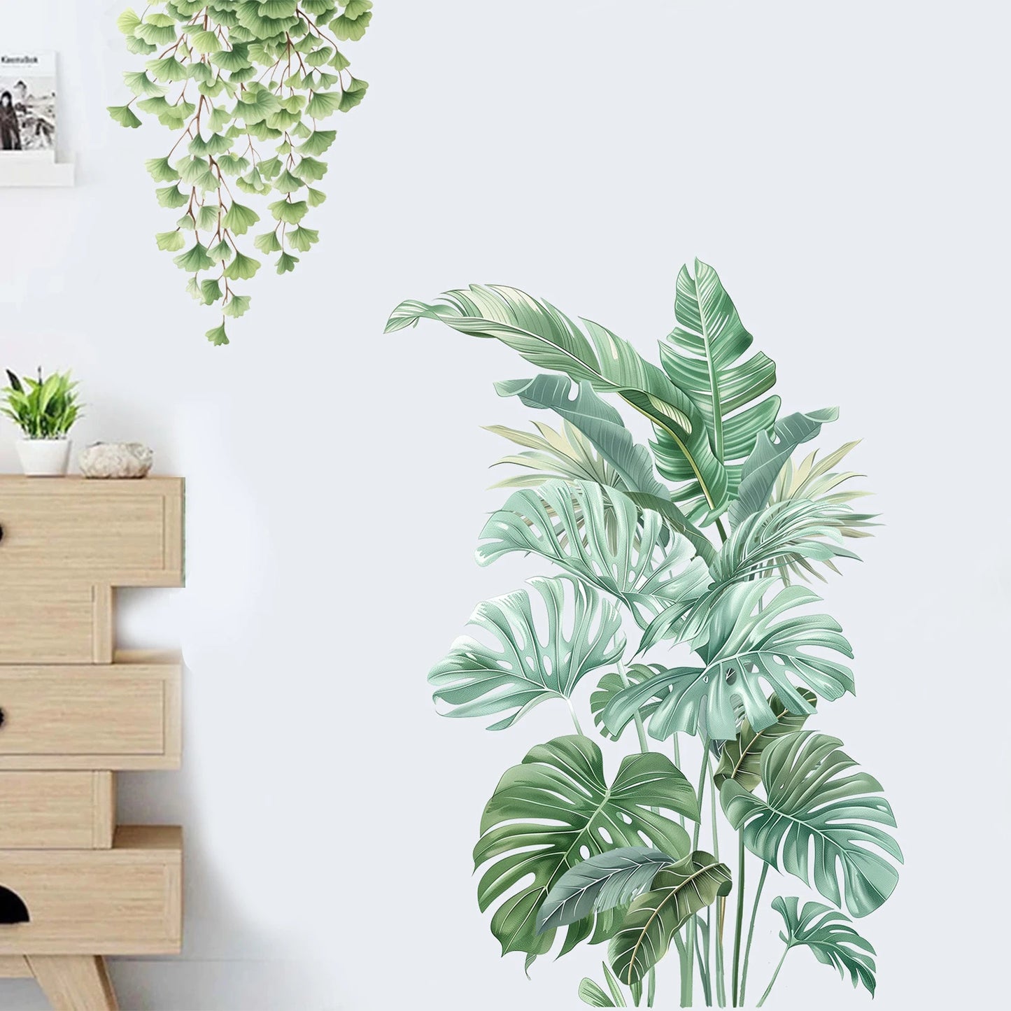 Tropical Monstera Deliciosa Leaf Wall Stickers Set of 2 Exotic Plant Decals for Living Room Bedroom Office Decor