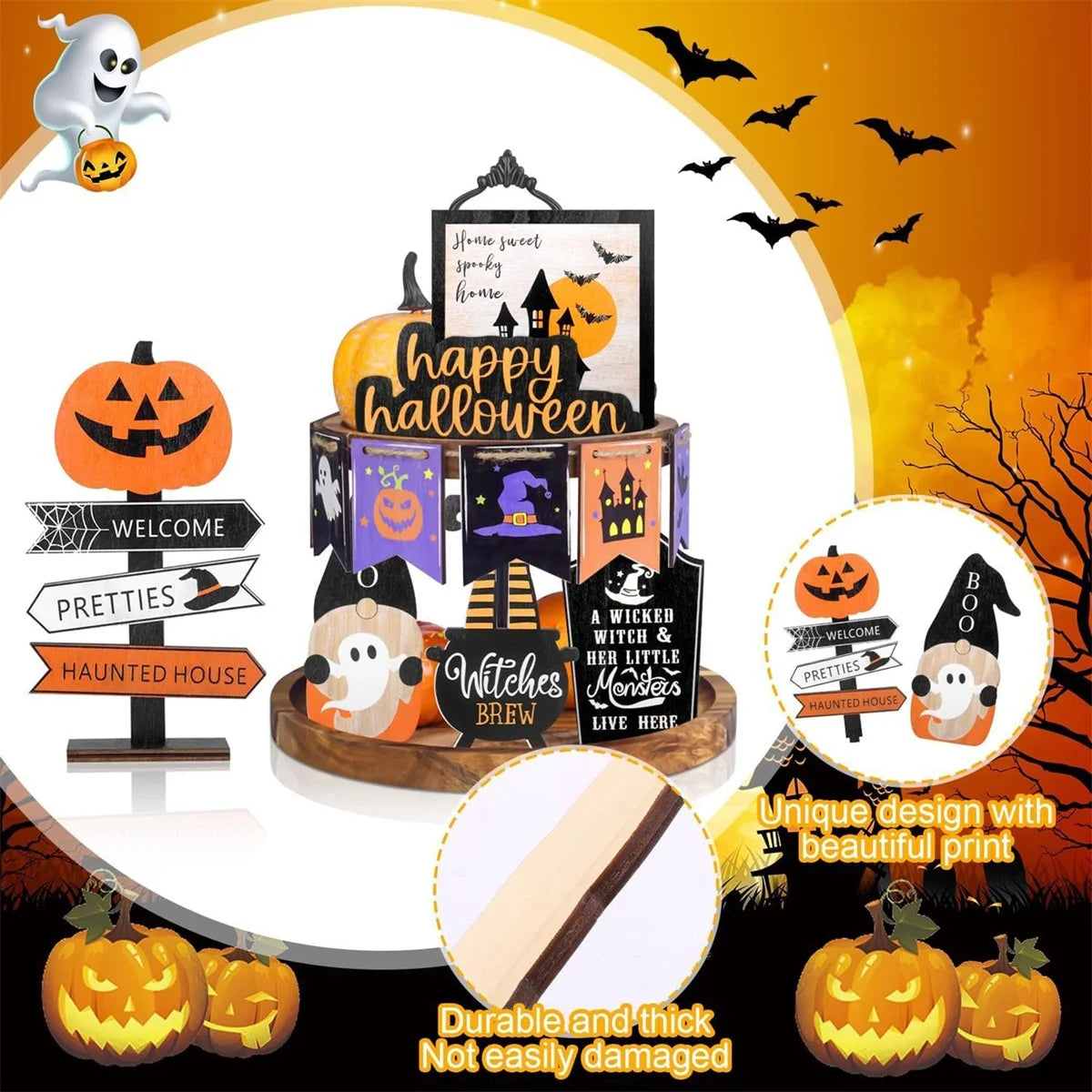 Spooky Halloween Tiered Tray Decor Set with Wooden Pumpkin and Bat Table Signs for Festive Home Party Table Display