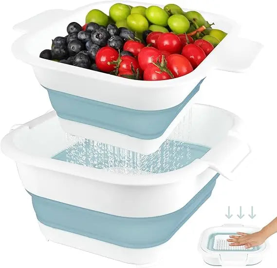 Collapsible Colander Set with Strainer Bowl, 2 in 1 Fruit Washing Basket with Strainer, 5 + 3 QT Plastic Colanders for Kitchen,