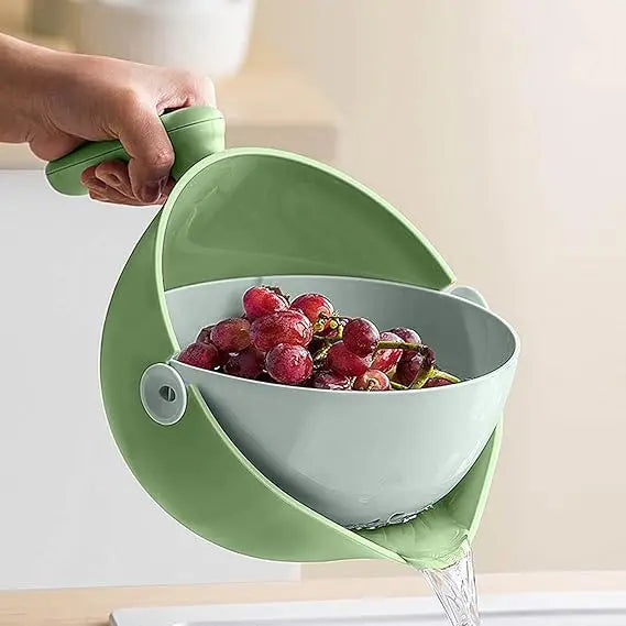 2 in 1 Kitchen Colander Set, Vegetable and Fruit Rotating Cleaning Colander with Handle, for Fruits Vegetables Pasta Noodles Was