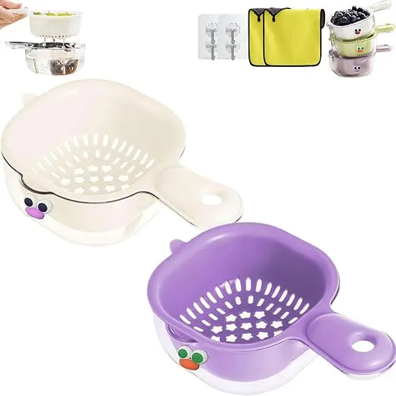 Kitchen Dual-Layer Draining Basket with Handle, Upgraded Fruit Vegetable Washing Bowl with Strainer Container, Multipurpose Port
