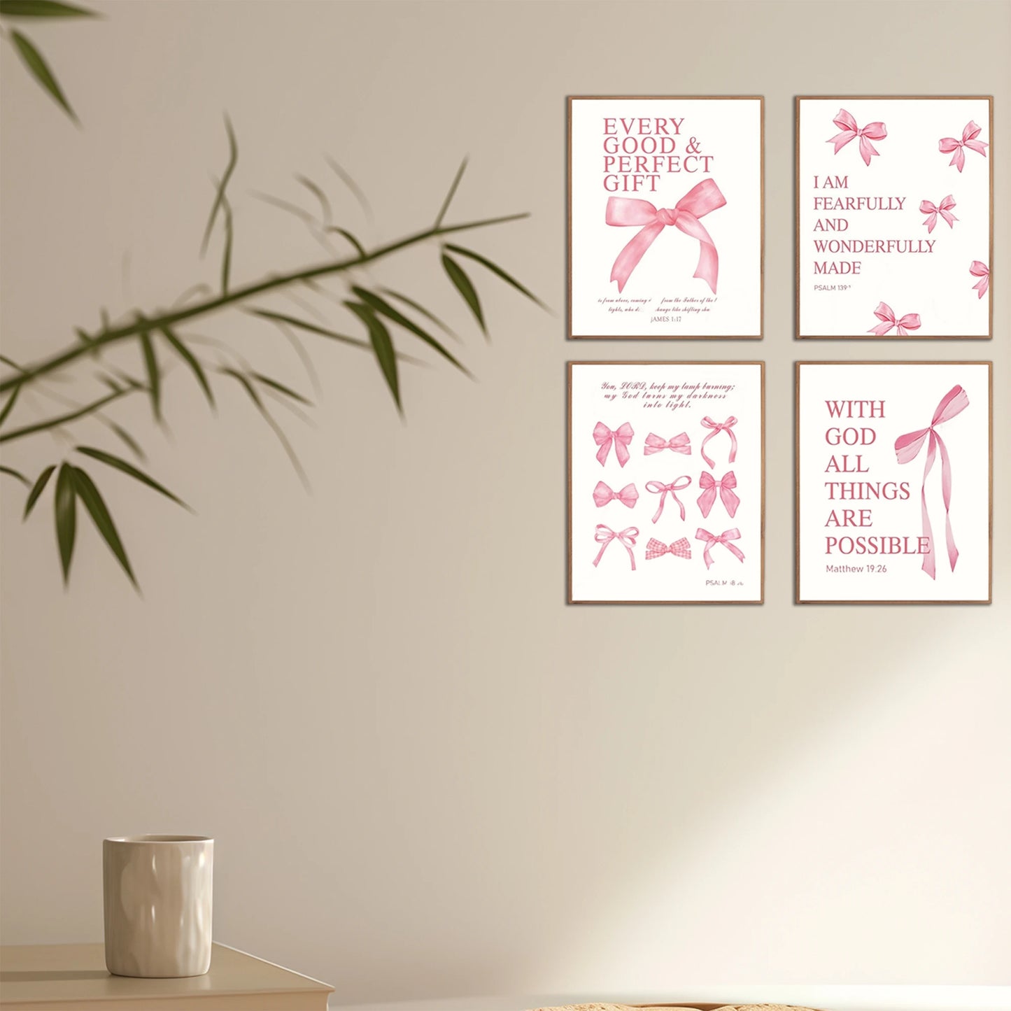 Set of 4 Elegant Bowknot Wall Art Pieces with Inspirational Quotes - Frameless Decor for Living Room Bedroom or Nursery