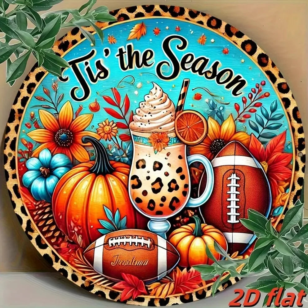 "Autumn Leopard Print Football Pumpkin Aluminum Sign – Wall Hanging Decor & Festive Wreath Accent | Perfect for Home Decor"