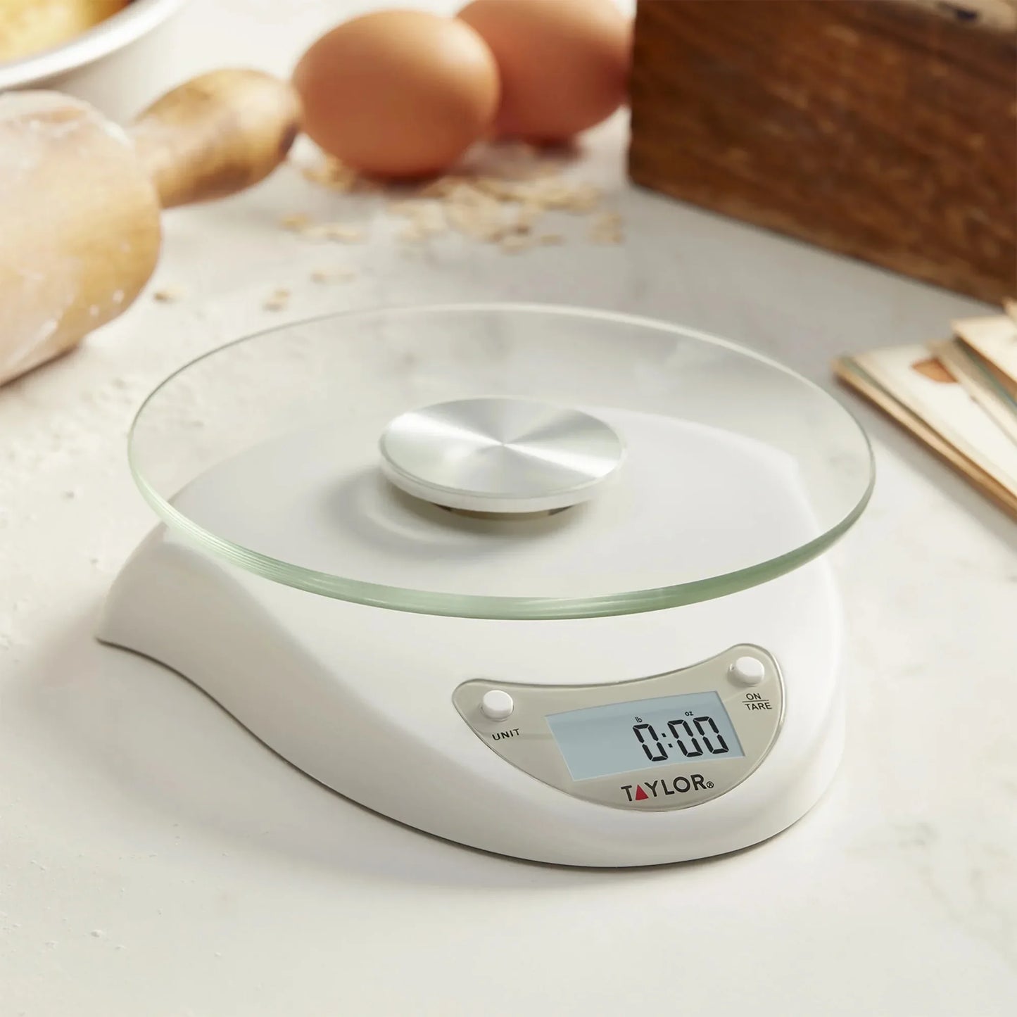 White Digital Food Scale, Precision Kitchen Scale for Baking, Cooking, Meal Prep, Easy Clean, LCD Display, Compact Design