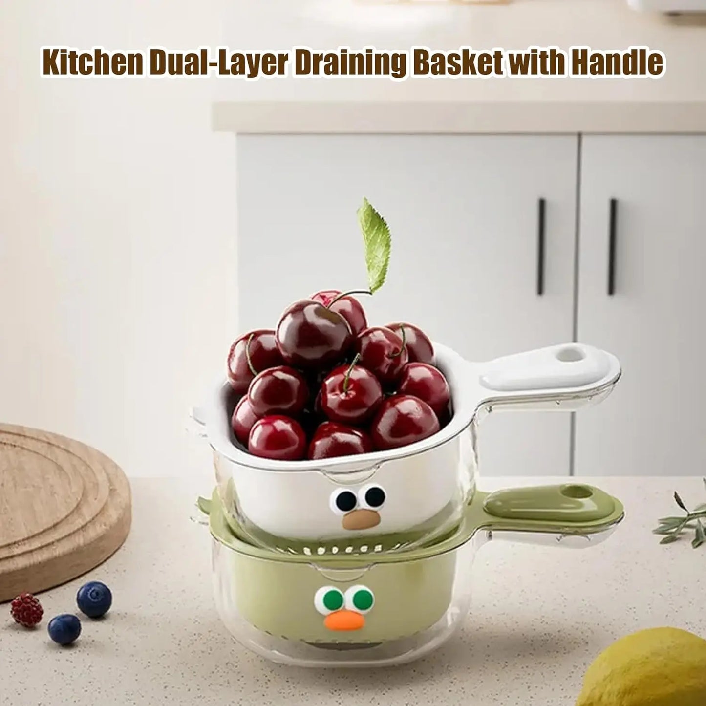 Kitchen Dual-Layer Draining Basket with Handle, Fruits and Vegetables Washing Draining Basket, Portable Multipurpose Draining Ba